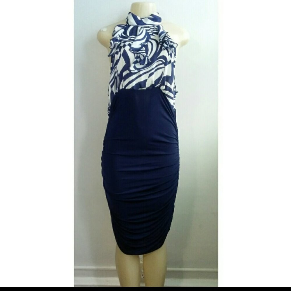 NWT Trac Blue and White Abstract Print Dress
